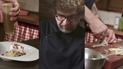 Tallarines de espárrago blanco a la carbonara
